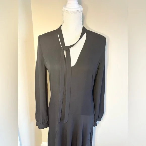 Theory 2 Black Tie Neck Drape Dress Long Sleeve Asymmetrical Hem 100% Silk - Picture 3 of 11